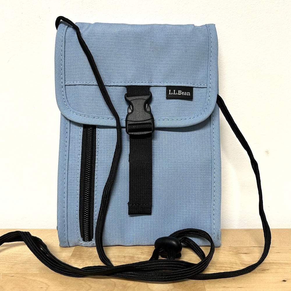 LL Bean RFID Travel Organizer Blue Folding Passport ID Wallet Neck Pouch 0VQ48